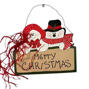 Vintage Wooden Merry Christmas Wall Hanging With Snowman & Snowwoman Design